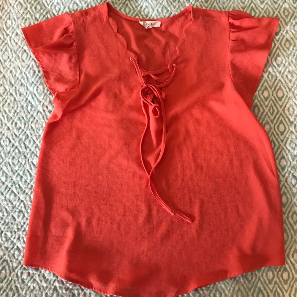 E & M Coral/Burnt Orange Flutter Sleeve Blouse